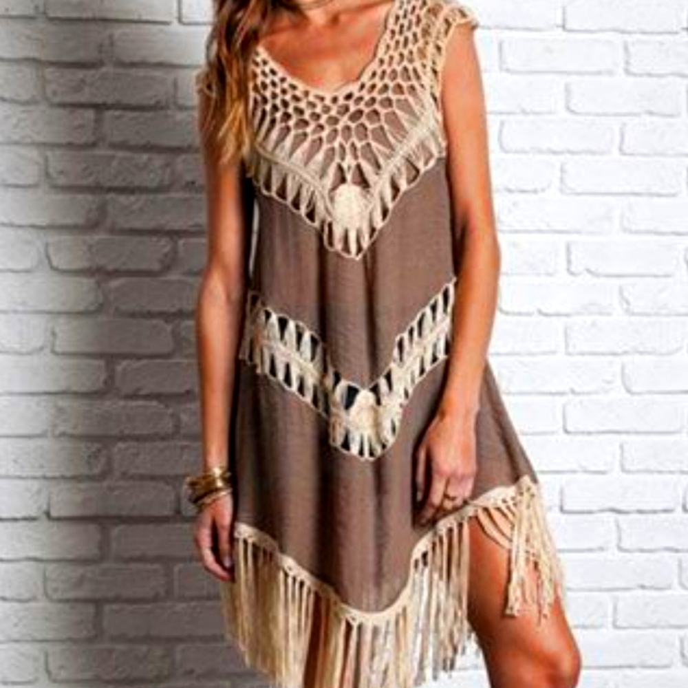 Umgee Bohemian/Boho Crochet Fringe Tank Dress Tunic NWT Mocha Color Size S-$52
